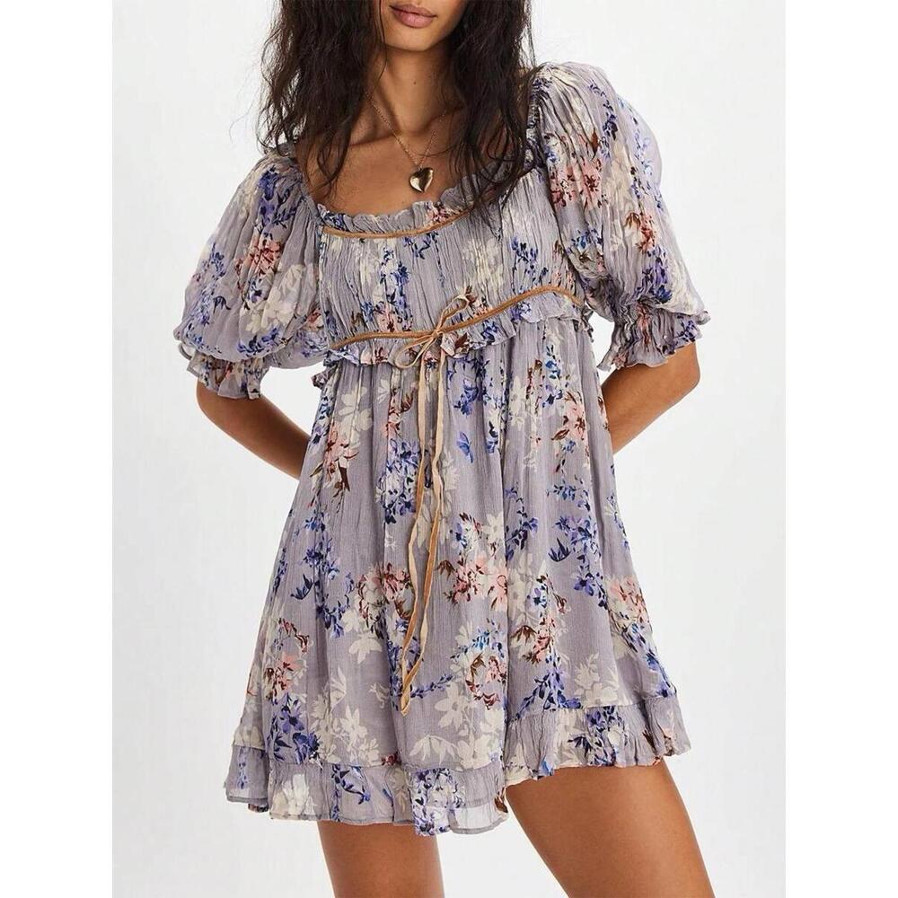 FREE PEOPLE Marney Floral Prt Puff Sleeve Ruffled Mini Babydoll Dress Sz S #627